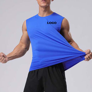Men's Blue Sleeveless Tank Top O-Neck Quick Dry Breathable Knitted Silk Screen Printed Sporty Fit Front <b>Logo</b> Placement - Product Image 1