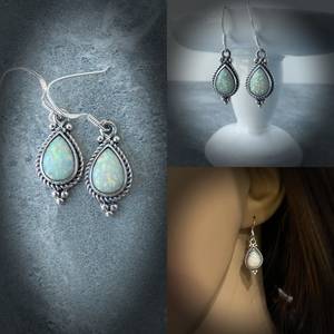 Boucles d'oreilles en opale blanche, argent sterling, opale scintillante, bijoux pierre de naissance d'octobre, cadeau élégant pour elle - Product Image 3