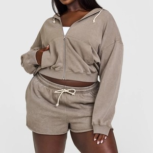 Personalized <b>Women</b> Winter Solid 2-Piece 100% Cotton Lightweight Breathable Custom Logo Printing Casual Wear OEM Hoodie <b>Short</b> <b>Set</b> - Product Image 2