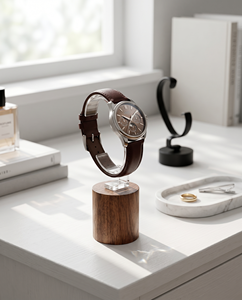 New Design Transparent Acrylic Wooden Base Watch Display <b>Stand</b> Laser Engraving Logo 50mm Thick for Polished Surface for - Product Image 5