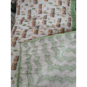 Cotton Quilt Set Reversible Cartoon Train Pattern Green Leaves Design All Season Home Travel Use Jaipur Hand Block Printed - Product Image 1
