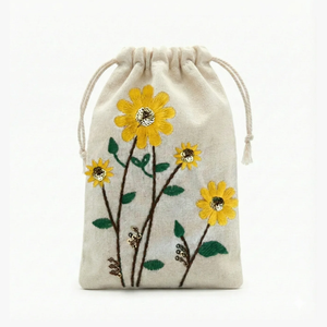 Cotton <b>Drawstring</b> <b>Pouch</b> Bag with Sunflower Embroidery Stitching Multi Color Pattern Small <b>Pouch</b> Bag With Cord Closure Bag - Product Image 1