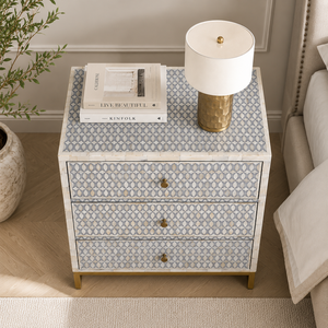 Vintage 3 Drawer Nightstand Bone and <b>Resin</b> Inlay Bedside <b>Table</b> Marble Look <b>Top</b> Bedroom Storage Cabinet - Product Image 3