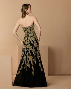 Elegant A-Line Evening <b>Gown</b> Black Gold Floral Embroidery <b>Floor</b>-<b>Length</b> Polyester Natural Waistline Anti-Wrinkle Party Dress - Product Image 2