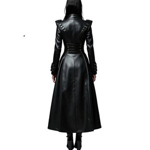 Manteau long en cuir véritable noir pour femme, style gothique steampunk, col montant, détails à boucles, costume de cosplay, vente en gros personnalisée - Product Image 2