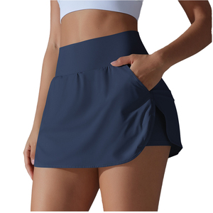 Jupe sportive asymétrique taille haute pour femme, couleur unie, avec poche, bleu marine, tissu respirant, longueur mini - Product Image 3