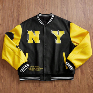 Buen Proveedor con Precio de Mayoreo, Chaquetas Varsity de Béisbol Universitarias de Primera Calidad, Modelo Bomber Hunt Club, Negras y Amarillas, con Letras - Product Image 1