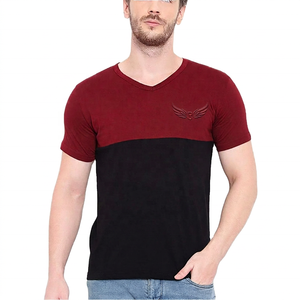 <b>Men's</b> V-Neck Color Blocked T-Shirt Short Sleeve Embossed Logo Slim Fit Casual Knitted Cotton <b>Top</b> - Product Image 1