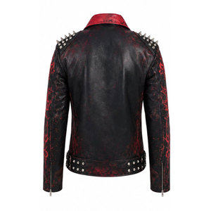 Gothic PU <b>Leather</b> Motorcycle <b>Jacket</b> Pink Black Print Rivet Decor Turn-down Collar Zipper Closure Unisex Autumn Wear - Product Image 6