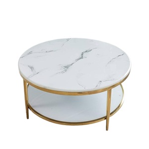 Metal Round <b>Large</b> Coffee Table, <b>Marble</b> and Tempered Glass Tabletop, Stainless Steel - Product Image 1