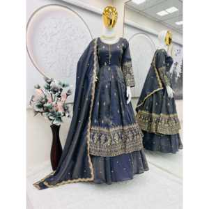 Ensemble de costume en mousseline de soie pour soirée, broderie, travail de paillettes avec miroir véritable, look élégant et stylé - Product Image 5