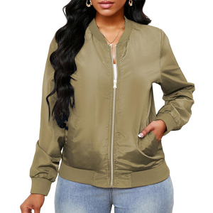Blouson bomber vert olive à manches longues, fermeture éclair, col montant, vêtement d'extérieur décontracté en polyester tissé, pour toutes les saisons - Product Image 1