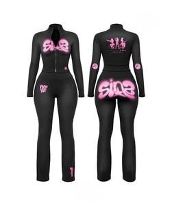 Damen-Trainingsanzug mit individuellem Logo, 2-teiliges Set: Jacke, Shirt, Leggings und Schlaghose, Reißverschlussjacke, zweiteiliges Outfit für Frauen - Product Image 6