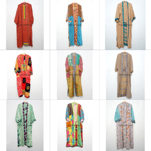 Handmade Elegant Patchwork 100% Silk Full Length V-neck Long Sleeves Breathable Kimono Robe Vintage Casual Drawstring Closure - Product Image 1