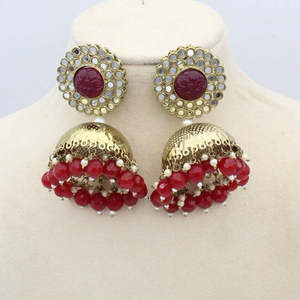 Pendientes de espejo Wotk Jhumki chapados en oro tradicional para mujer, pendientes étnicos indios Jhumki para uso festivo y de boda - Product Image 1