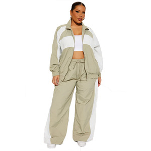 Trendy Custom Women’s Neutral Tone Windbreaker Tracksuit <b>Lightweight</b> Nylon Sports OEM Streetwear <b>Jacket</b> & Wide Leg Pants Hoodies - Product Image 1