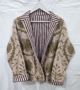Brown Embroidered <b>Mandarin</b> <b>Collar</b> <b>Jacket</b> Full Sleeve Handmade Floral Wool Polyester Autumn Women's Coat - Product Image 3