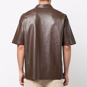 <b>Men's</b> <b>Brown</b> Leather Short Sleeve Casual <b>Shirt</b> Turn-down Collar Solid Color Summer Wear - Product Image 3