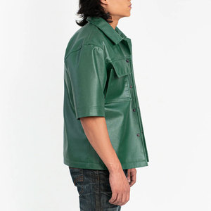 Chemise en cuir véritable pour homme à manches courtes avec logo personnalisé OEM, col rabattu, style streetwear hiver, poche en cuir - Product Image 4