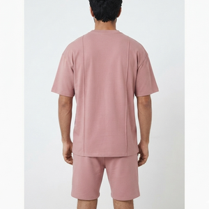 Ensemble de survêtement rose en coton pour homme – T-shirt à col rond et manches courtes coupe ample et short – Tenue décontractée d'été – Survêtement de couleur unie - Product Image 3