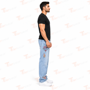 Men's Straight Leg Stonewashed Denim <b>Jeans</b> With <b>Floral</b> Embroidery Regular Fit Mid Waist Casual Spring Style Men Denim Pants - Product Image 3