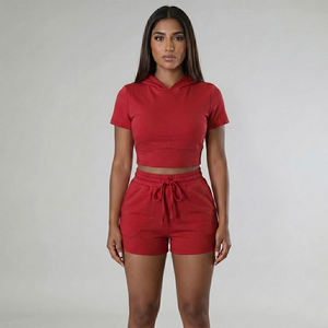 Conjunto de Dos Piezas para Mujer, Top Corto con Capucha de Manga Corta Rosa Sólido y Pantalones Cortos con Cordón, Ropa al por Mayor OEM ODM - Product Image 3