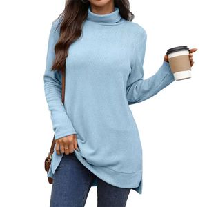 Women's Casual Long Sleeve T-Shirt Crewneck Collar Fall Side Split Solid Color 100% Merino Wool Button Diamonds Customizable - Product Image 4