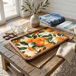 Plateau de service en bois artisanal avec imprimé fleur d'oranger, plateau décoratif pour table basse par blossom craft india - Product Image 4
