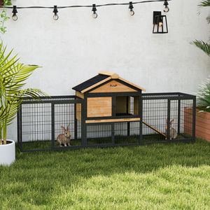 Grande Conigliera da Esterno in Legno da 85 Pollici con Recinto in Acciaio, Vassoio in Plastica Rimovibile, Tetto in Asfalto Giallo e Rampa per Conigli e Animali Domestici - Product Image 2