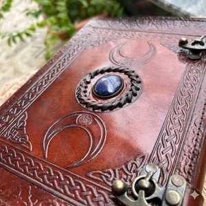 Embossed Leather <b>Ring</b> <b>Binder</b> Triple Moon Lapis Stone Grimoire - Product Image 4