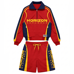 Premium 220 GSM Polyester Blue Panel Sports Tracksuit Custom Heat Transfer Logo Windbreaker Shorts for Men - Product Image 6