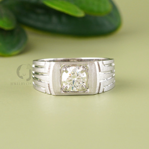 1.30 Carat EF Color Lab Grown Brilliant Cut Diamond Men's 14K White Gold Brushed Finish Geometric <b>Solitaire</b> Band Luxury <b>Ring</b> - Product Image 1