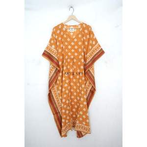 Vestido Largo Kaftan con Estampado Artesanal de Jaipur, Vestido Maxi de Algodón con Borde, Vestido de Verano con Cuello en V para Ella, Regalo de Halloween, Vestido de Playa - Product Image 3