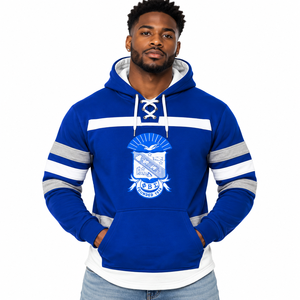 Sudadera con Capucha Azul Rey para Hombre Phi Beta Sigma con Bordado del Escudo, Cuello con Cordones, Mangas a Rayas y Bolsillo Canguro - Fraternidad - Product Image 1
