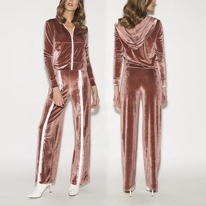 Custom Zip up Crop Women Hoodie Printed <b>Embroidery</b> Logo Velvet Sweatshirts and Sweatpants Jogger Velour Tracksuit Two Piece <b>Set</b> - Product Image 2