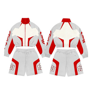 Conjunto Corto de Chaqueta Cortavientos de Poliéster de 120 GSM para Hombre, Diseño de Paneles Marrón, Rojo y Blanco, Logotipo Personalizado por Sublimación, Pantalones Cortos Cortavientos para Hombre - Product Image 4