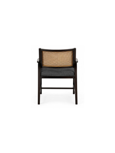 Fauteuil moderne en bois massif avec assise rembourrée en tissu capitonné et dossier en rotin, écologique, pour salles à manger, cafés et restaurants - Product Image 5
