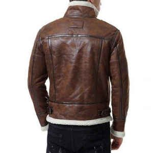 Blouson bomber en cuir véritable marron pour homme, doublé en sherpa, fermeture éclair, vêtement d'extérieur d'hiver, décontracté - Product Image 3