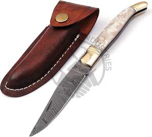 Nuevo cuchillo plegable estilo Laguiole de Damasco, forjado a mano, con escamas de resina de color exótico, con pomo y taladro de latón. - Product Image 4