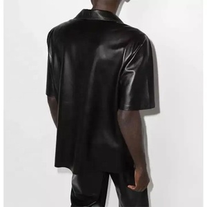 Men's Vintage Style Real Sheep Leather <b>Shirt</b> with Horn <b>Buttons</b> Stand Collar <b>Half</b> Sleeve Winter Vacation Custom Logo OEM Service - Product Image 3