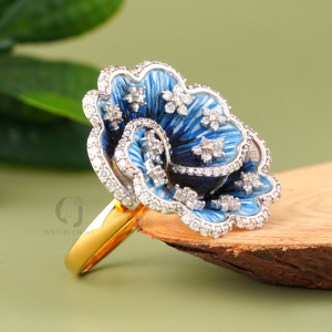 Blue Enamel Diamond Flower <b>Statement</b> <b>Ring</b> 1.38ct Round Cut Side Stone Gold White Dual Tone Floral Cocktail <b>Ring</b> Artistic Jewelry - Product Image 4