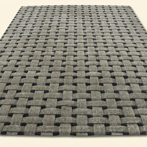 Tapis géométrique gris pierre noir en laine tressée, fait main, à grille entrelacée, antidérapant, écologique, à poils épais, moderne - Product Image 2