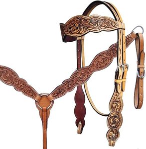 Premium Leather Horse Western Headstall <b>Accessories</b> Set Featuring Tooled Leather Split Reins Breast Plate-for Horse Riding Ranch - Product Image 1