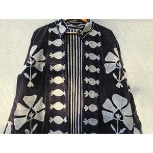 Black Velvet Embroidered Long Jacket Floral Pattern <b>Open</b> Front Women Vintage casual Outerwear Vintage Casual Coat gift for her - Product Image 4