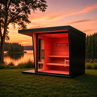 Sauna extérieur en pin thermocellé avec option Wi-Fi intelligent, luminothérapie rouge, sauna cube à vapeur, porte vitrée, 3-4 personnes, chauffage au bois