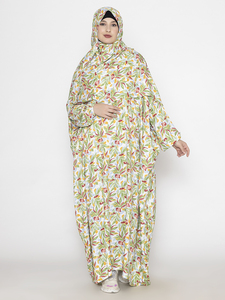 Charming Ombre Olive Leaf Print Long Maxi Abaya with Integrated <b>Hijab</b> Lightweight Breathable Traditional Muslim Dress For Women - Product Image 3