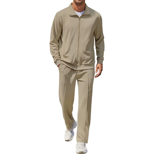 Men's Khaki <b>Tracksuit</b> Set Full Sleeve Zipper Casual Sweatshirt Pants Solid Color Breathable <b>Polyester</b> Cotton Autumn Wear - Product Image 1