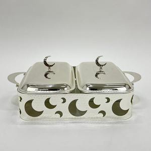 ถาดอุ่นอาหารทรงสี่เหลี่ยมแบบสองชั้นเคลือบทองหรูหรา พร้อมลายพระจันทร์เสี้ยวและฝาแก้ว สำหรับงานบุฟเฟ่ต์ในเดือนรอมฎอน - Product Image 6