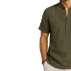 Camisa Casual de Lino y Algodón para Hombre, Color Verde Oliva, Cuello Mandarín, Manga Corta, Transpirable, Verano, Manga Enrollable, Logotipo Personalizado - Product Image 3