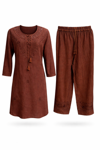 Conjunto de Dos Piezas de Viscosa Bordada para Mujer, Top y Pantalones Casuales de Cuello Redondo, Fabricante - Product Image 3